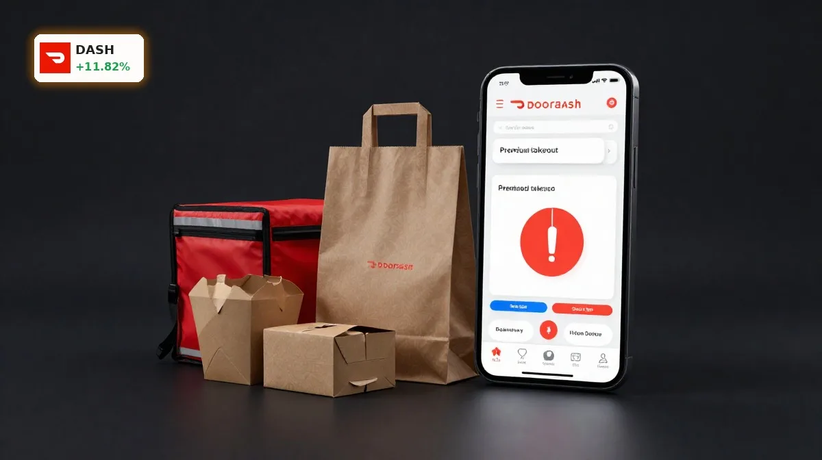 DoorDash KI-Offensive: +11.8% Rallye nach starkem KI-Boost 3 DoorDash KI-Offensive mit App auf Smartphone, Lieferbeutel und Premium-Essensverpackung im Fokus
