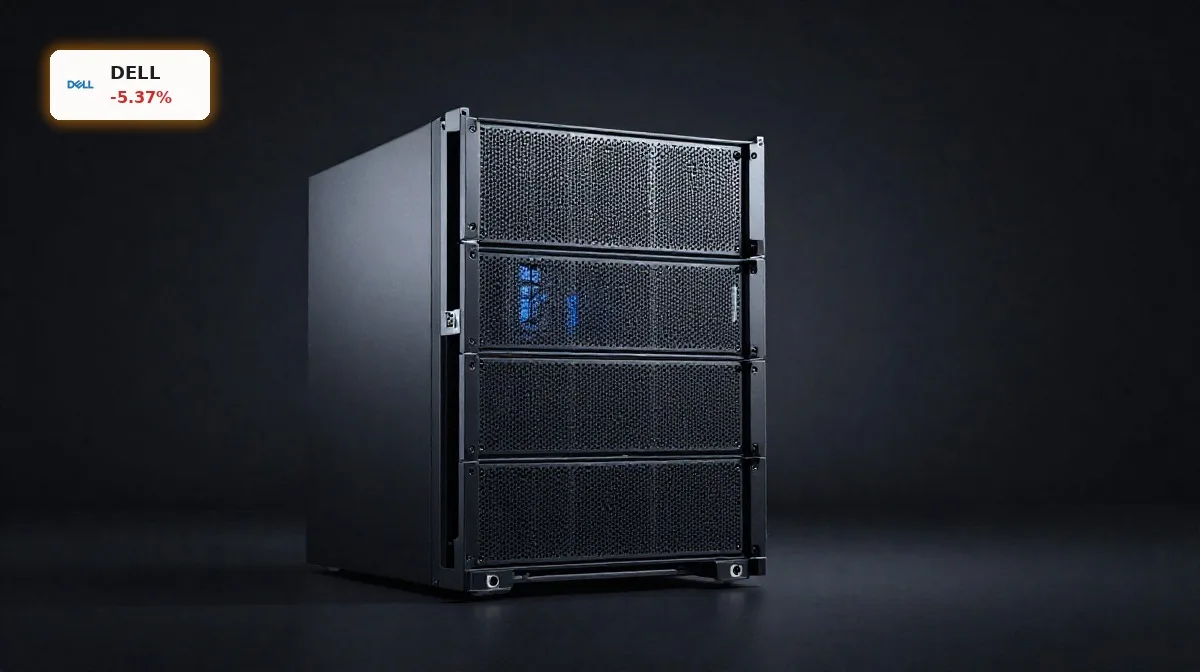 Dell AI-Server Crash: -5.4% trotz Rekordboom und Prognose 4 Dell AI-Server als Premium-Rack-System in dunkler, cineastischer Produktinszenierung