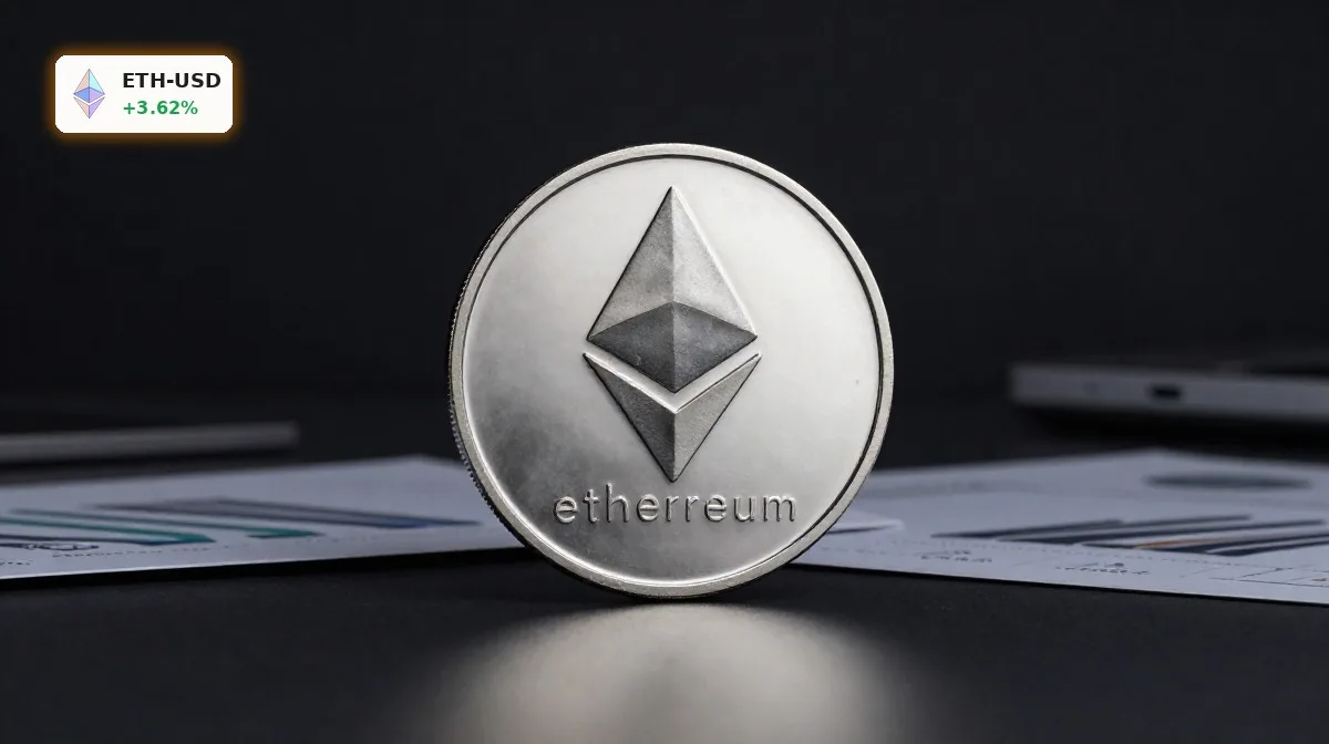 Ethereum Derivate mit Rekord-Open-Interest und ETF-Abflüssen 4 Ethereum Derivate mit Ethereum-Coin und Futures-Unterlagen auf dunklem Hintergrund, Symbol für Rekord-Open-Interest