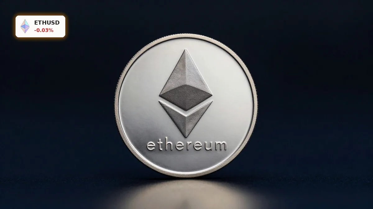 Ethereum MiCA Regulierung mit Ethereum-Token auf dunklem Hintergrund, Symbol für Liquiditätsdruck in Europa
