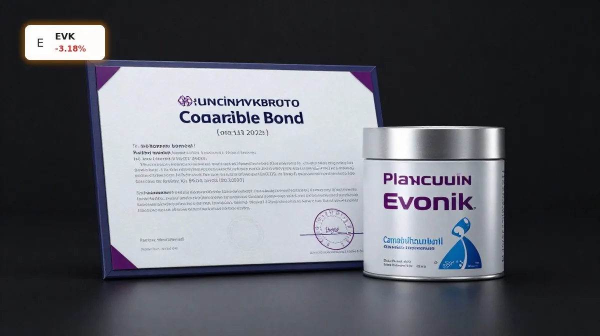 Evonik Umtauschanleihe mit Anleihe-Dokument und Chemieprodukt-Inszenierung vor dunklem Hintergrund