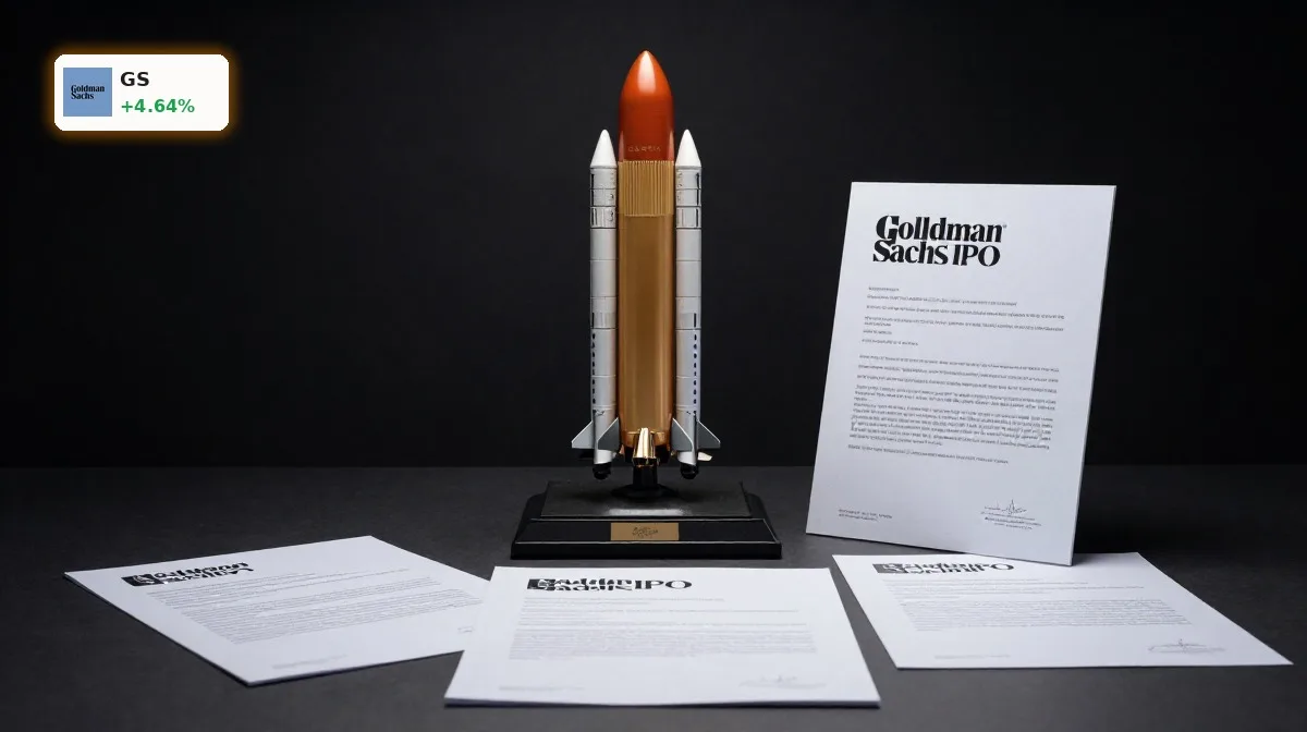 Goldman Sachs SpaceX IPO mit SpaceX-Raketenmodell und Deal-Unterlagen in dunkler Premium-Inszenierung