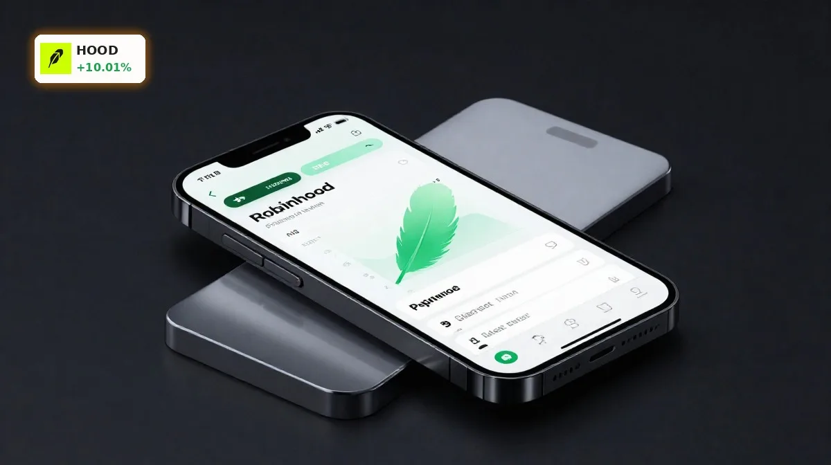 Robinhood Stellenabbau im Fokus: Robinhood App auf Smartphone vor dunklem Hintergrund als Symbol für Effizienz