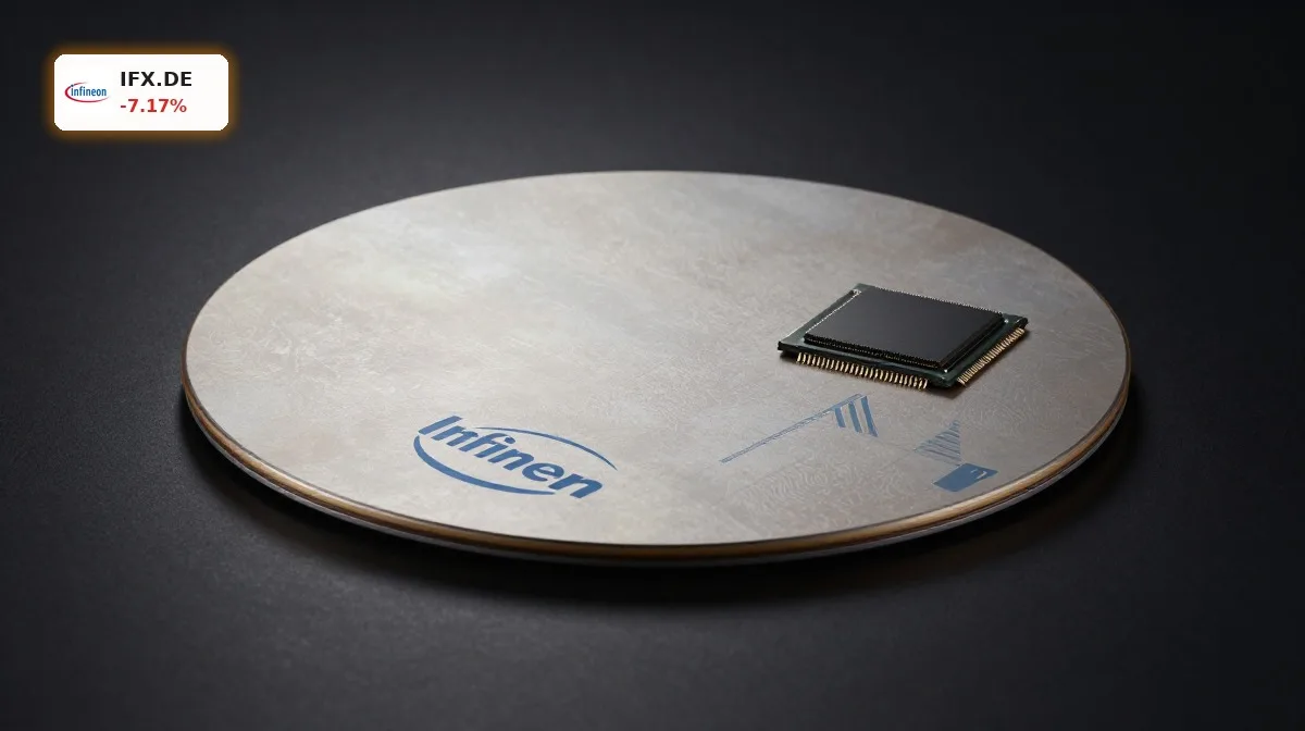 Infineon Prognose zu Halbleitern mit Power-Chip und Wafer vor dunklem Hintergrund