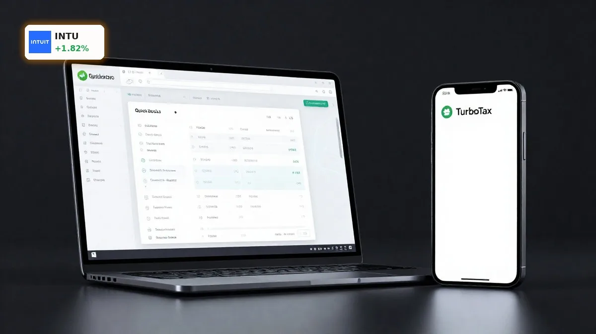 Intuit KI-Strategie: 1,8% Chance trotz Margendruck 4 Intuit KI-Strategie mit QuickBooks- und TurboTax-Produktfokus vor dunklem Hintergrund