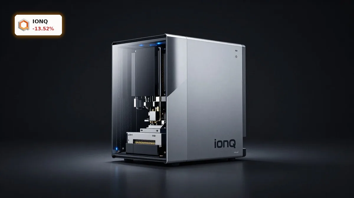IonQ Quartal: ultra-realistischer Quantencomputer mit Premium-Hardware vor dunklem Hintergrund