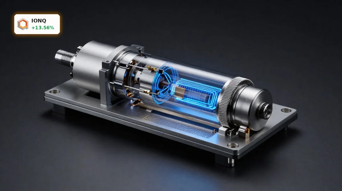 IonQ Quantenförderung: Rekord +13.6% treibt die Aktie 5 IonQ Quantenfoerderung mit trapped-ion Quantencomputer-Hardware in edler Nahaufnahme vor dunklem Hintergrund