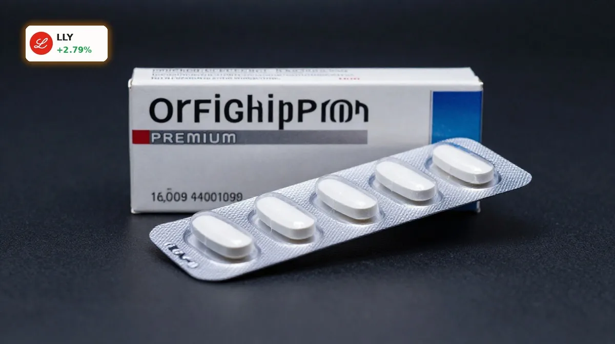 Eli Lilly Orforglipron Einbruch trotz Rekordzahlen und Konkurrenz 3 Eli Lilly Orforglipron als orale GLP-1-Tablette in hochwertiger Produktinszenierung vor dunklem Hintergrund