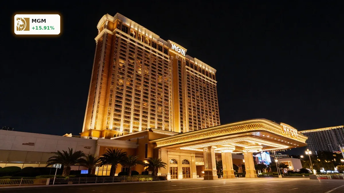 MGM Resorts Übernahme +15,9%: Chance oder Übernahme-Schock? 1 Luxurioeses MGM-Resorts-Casino bei Nacht als Symbol der MGM Resorts Uebernahme