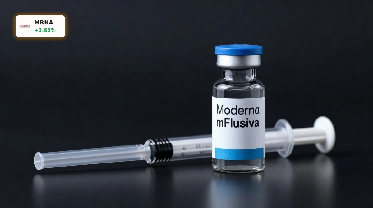 Moderna Grippeimpfstoff: Chance vor FDA-Ausschuss-Treffen 4 Moderna Grippeimpfstoff mFlusiva als Impfstoff-Vial mit Spritze vor dunklem Hintergrund