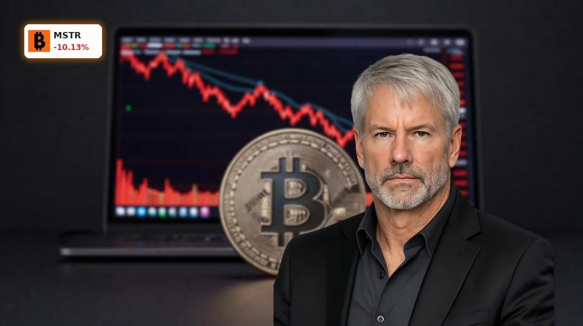 MicroStrategy Bitcoin-Verkauf: Aktie mit -10,1% Crash-Reaktion 4 MicroStrategy Bitcoin-Verkauf mit fallender MSTR-Aktie und BTC-Symbol im Fokus