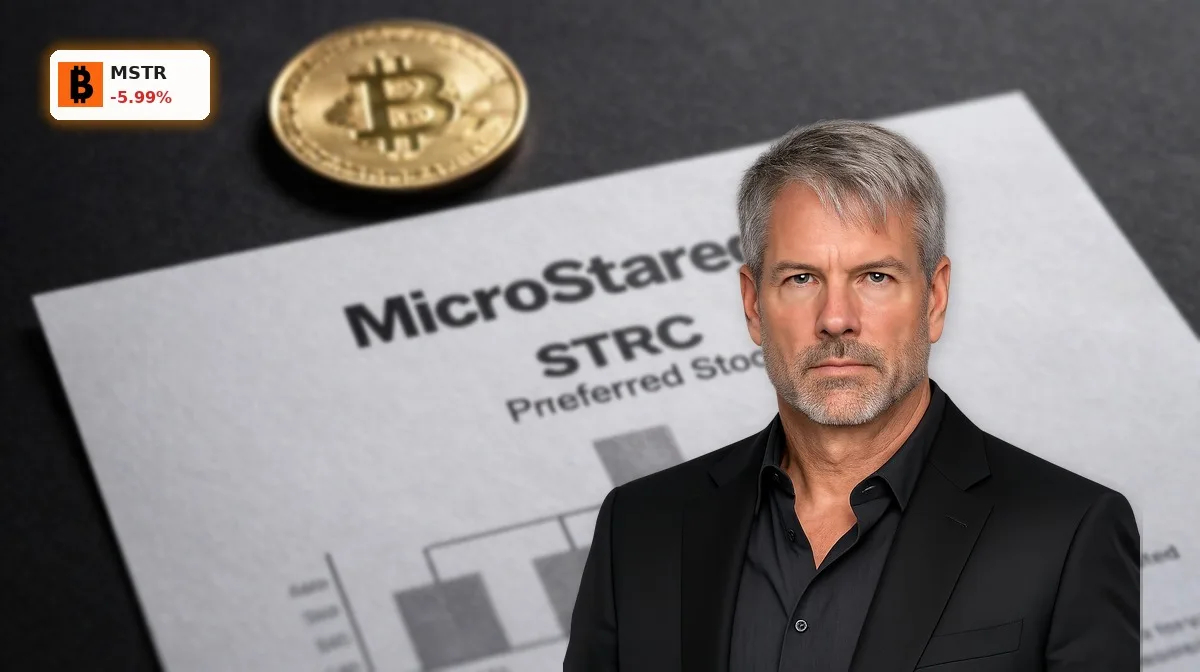 MicroStrategy STRC als Finanzinstrument mit Bitcoin-Bezug vor dunklem Hintergrund, Symbol für Druck auf Kapitalstruktur