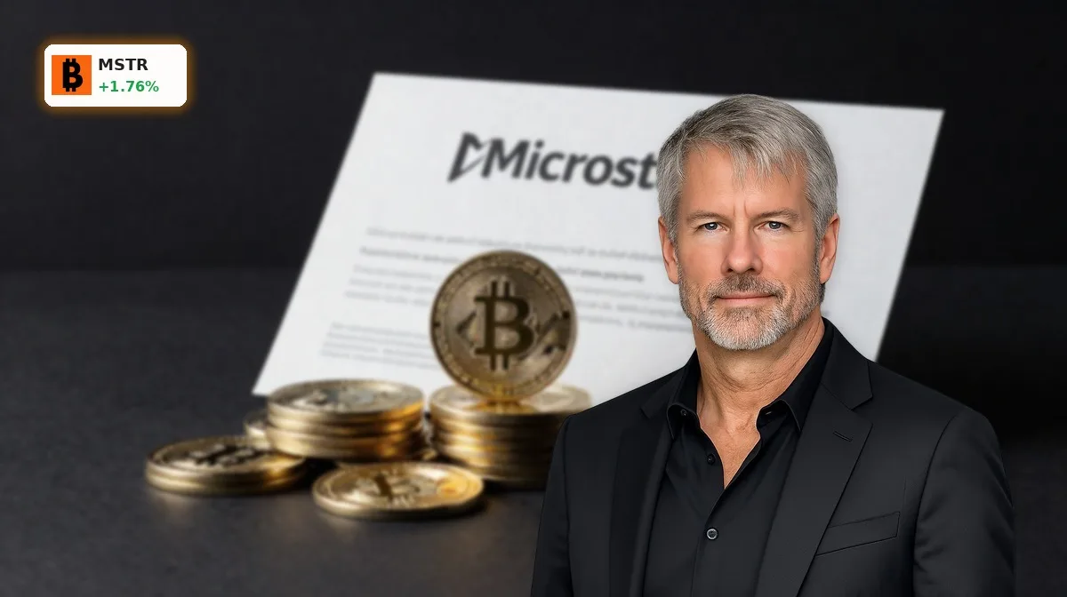 MicroStrategy Bitcoin-Finanzierung mit Bitcoin-Münzen und Anleihe-Symbolik vor dunklem Hintergrund