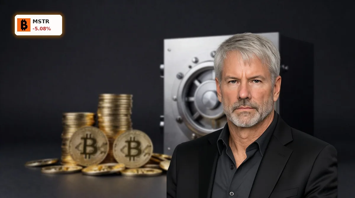 MicroStrategy Bitcoin-Verkaeufe mit Bitcoin-Stack und Liquiditaetsreserve in dunkler Premium-Inszenierung