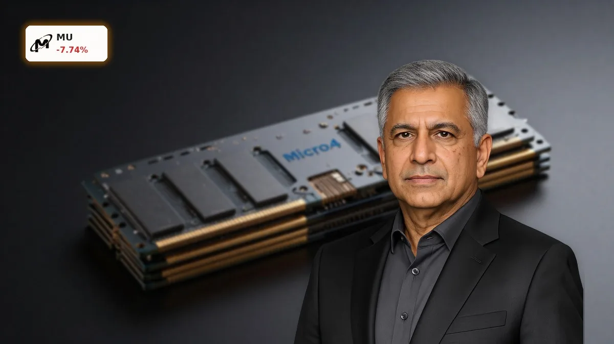 Micron HBM4 Speicherstapel in Nahaufnahme auf dunklem Hintergrund, Premium-Halbleiter fuer KI-Server