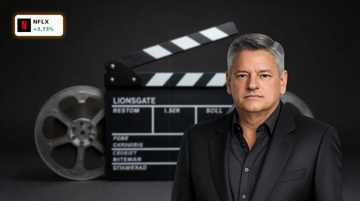 Netflix Merger mit Lionsgate im Fokus: Filmklappe und Filmrollen auf dunklem Studiohintergrund