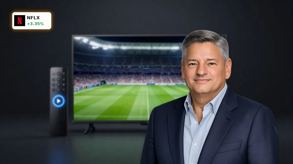 Netflix Sportstrategie mit Premium-Streaming-Setup und Live-Sport-Atmosphäre auf dunklem Hintergrund