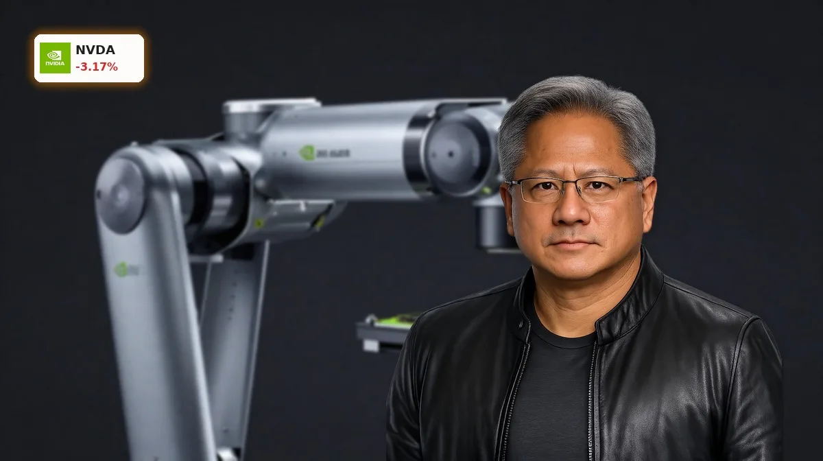 NVIDIA Robotik mit humanoidem Industrieroboter und KI-Computing-Modul in premium Produktinszenierung