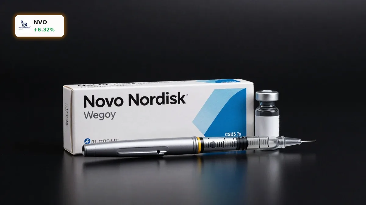 Novo Nordisk Cyberangriff bei Wegovy-Produktinszenierung vor dunklem Hintergrund