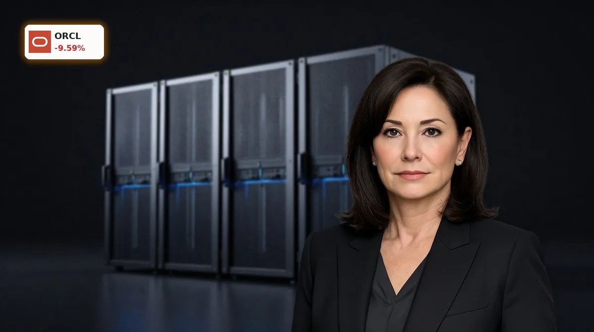 Oracle Quartal mit KI-Rechenzentrums-Hardware und Server-Infrastruktur vor dunklem Hintergrund