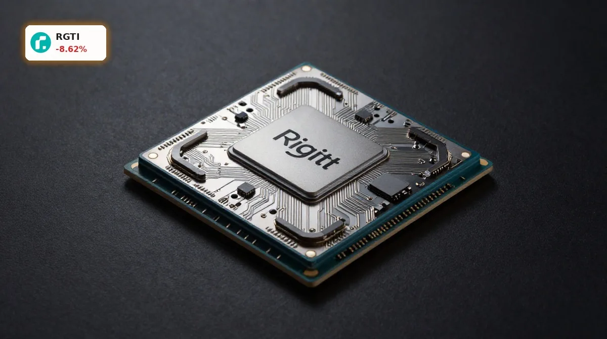 Rigetti Quantum-Foerderung im Fokus: supraleitender Quantenchip vor dunklem Hintergrund