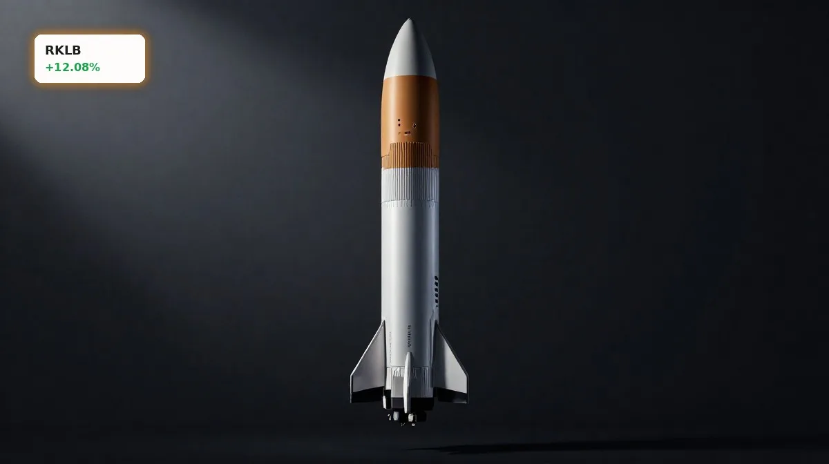 Rocket Lab Nasdaq-100 vor Aufnahme am 22. Juni: Schock 5 Rocket Lab Nasdaq-100 mit Electron-Rakete vor dunklem Hintergrund, Symbol für Indexaufnahme und Raumfahrtwachstum