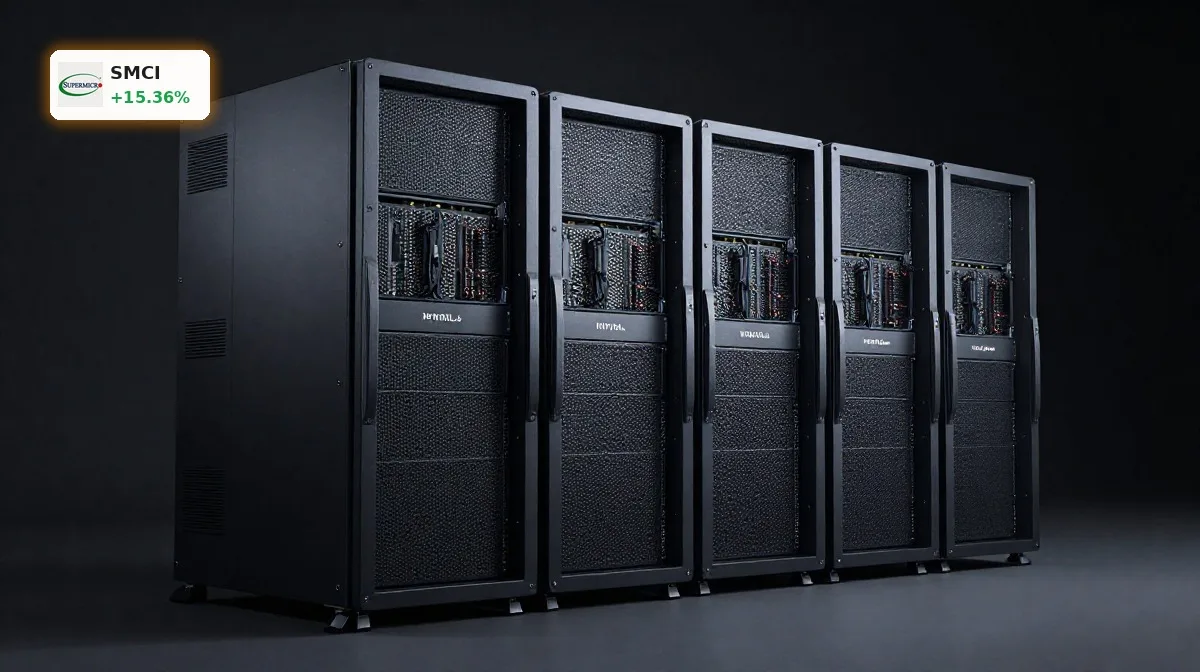 Super Micro Computer Produktlaunch mit KI-Servermodul und HPC-Infrastruktur auf dunklem Hintergrund