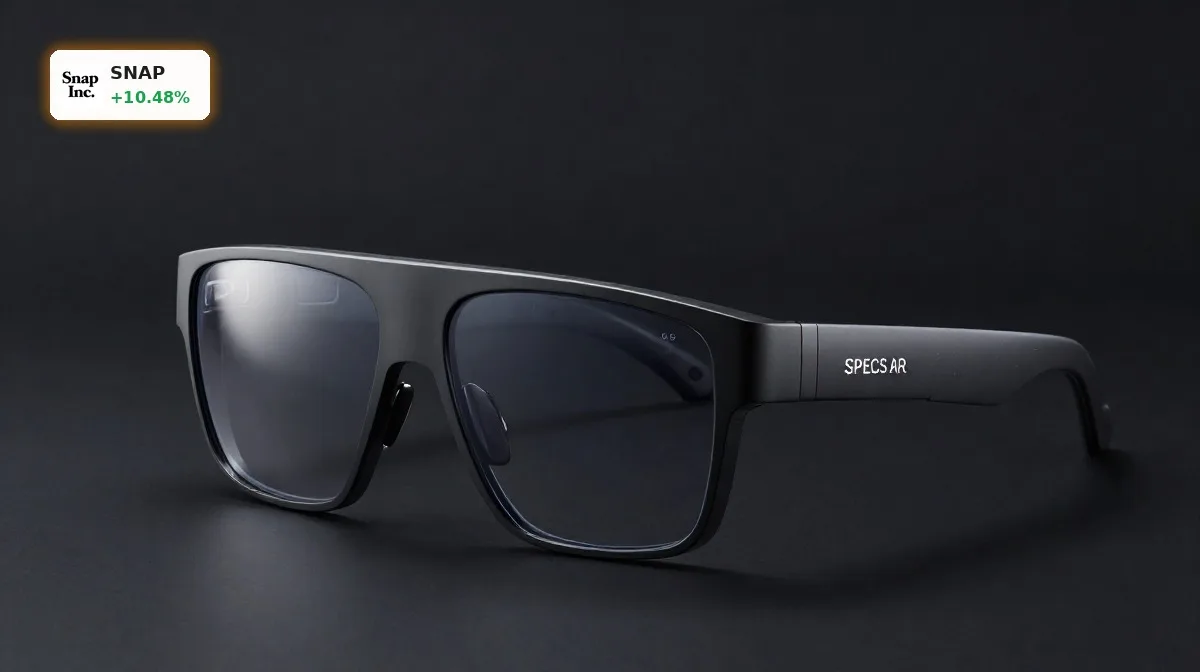 Snap SPECS Crash: Aktie stürzt 9,6% nach AR-Launch 5 Snap SPECS AR-Brille als Premium-Hardware mit elektrochromatischen Linsen auf dunklem Hintergrund