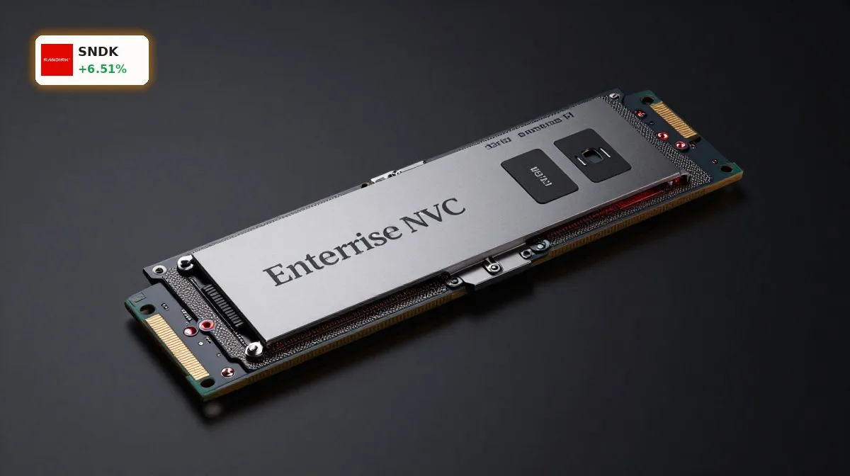 SanDisk Rekord +6,5%: KI-Speicherhunger treibt Rallye 4 SanDisk Rekord: elegante Enterprise-SSD als Symbol für KI-Speicherboom und starke Nachfrage nach NAND-Flash