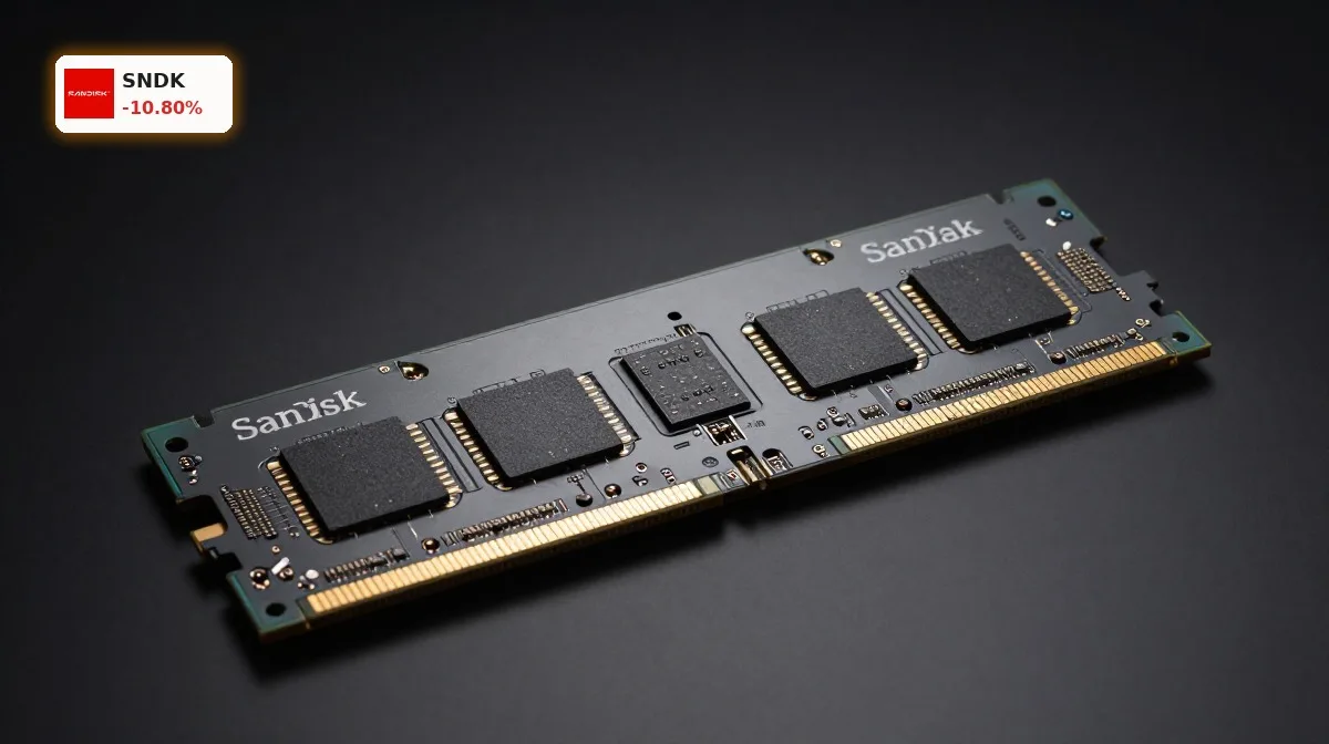 SanDisk Kurssturz im Fokus mit SSD und NAND-Speicherchip vor dunklem Hintergrund