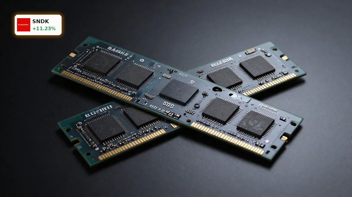 SanDisk Speicherchip-Preise: 11.2% Boom mit Zykluswarnung 4 SanDisk Speicherchip-Preise im Fokus mit NAND-Flash-Chip und SSD-Modul vor dunklem Hintergrund
