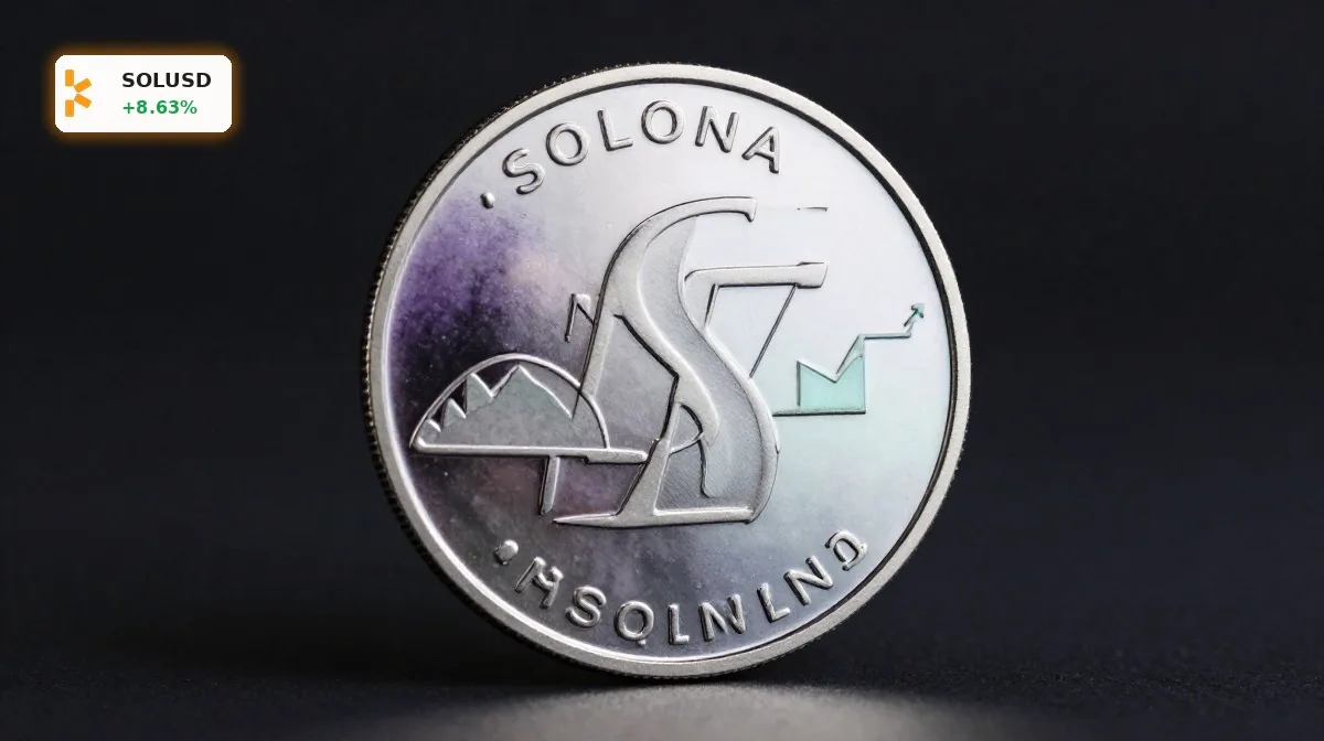 Solana ETF-Zufluesse im Fokus mit Solana-Coin vor dunklem Hintergrund und premium Inszenierung