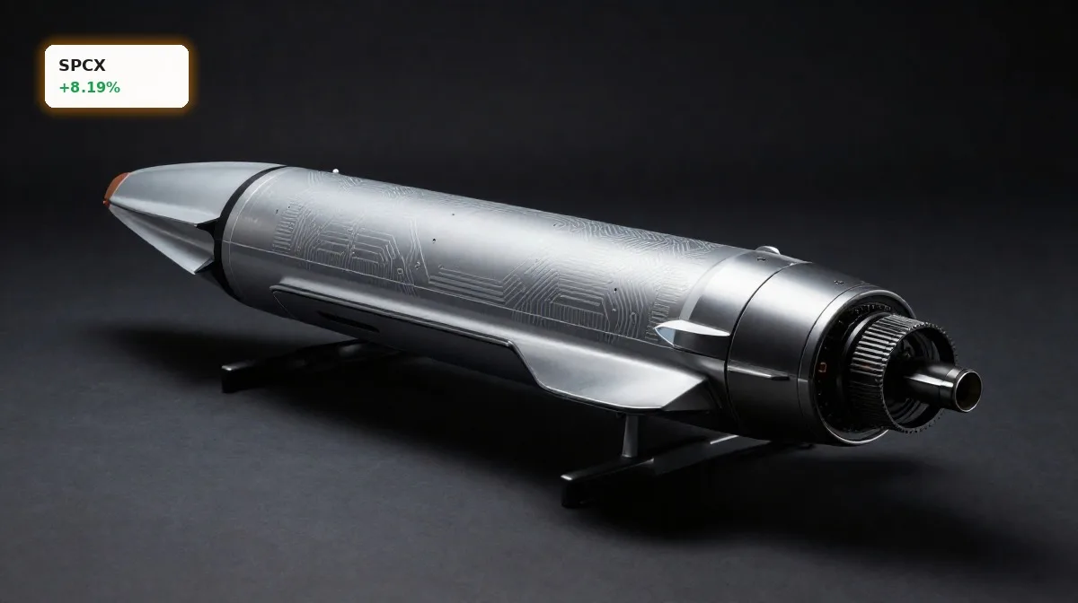 SpaceX Übernahme +8.2%: Rekord-Rallye trotz Analysten-Warnung 3 SpaceX Uebernahme mit Raumfahrtmodell und KI-Elementen vor dunklem Hintergrund