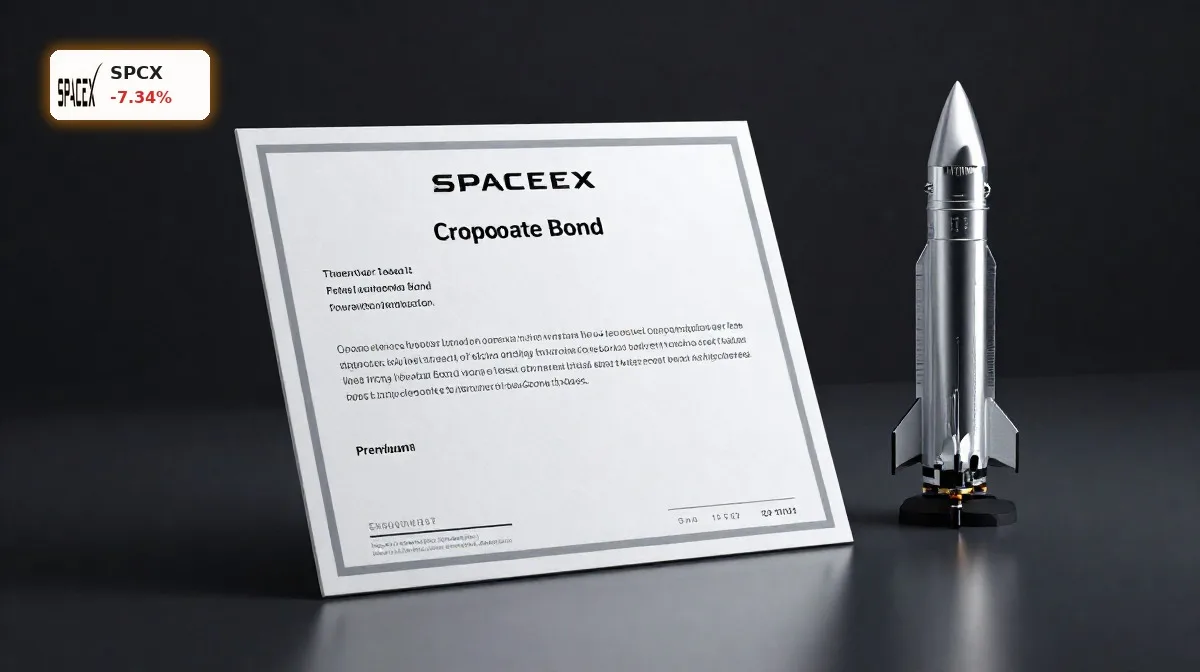 SpaceX Anleihe als hochwertig inszeniertes Finanzprodukt vor dunklem Hintergrund mit Anleihedokument und Raumfahrtbezug