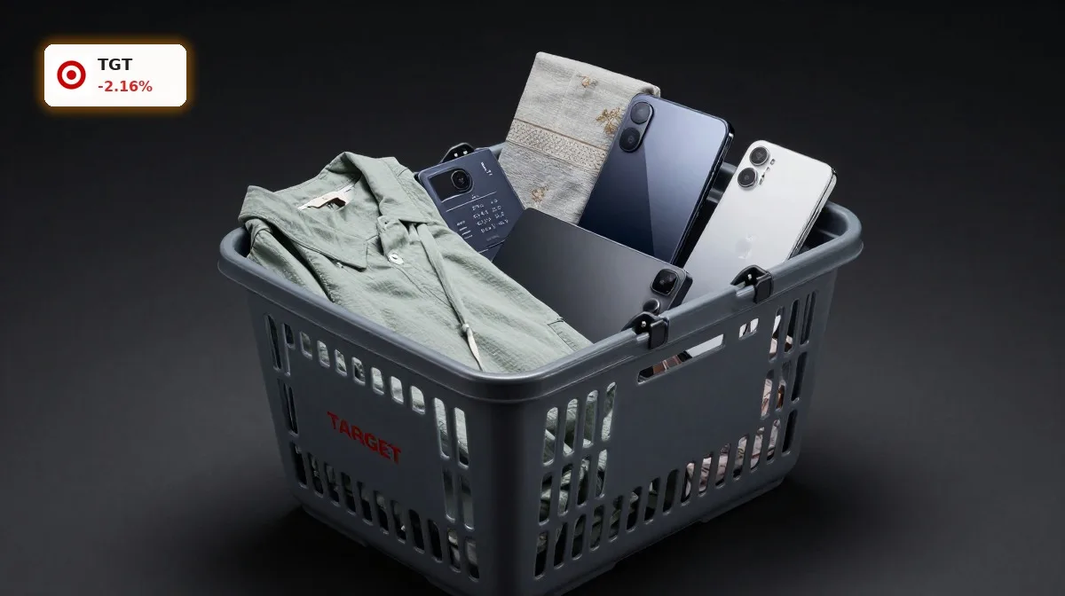 Target Quartal mit Einkaufskorb und Produkten aus Bekleidung, Haushalt und Elektronik vor dunklem Hintergrund