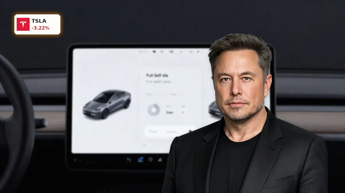 Tesla FSD Daenemark: Schock trotz Kursrutsch von 3.2% 4 Tesla FSD Daenemark auf Tesla-Fahrzeugdisplay und Lenkrad in dunkler, hochwertiger Produktinszenierung