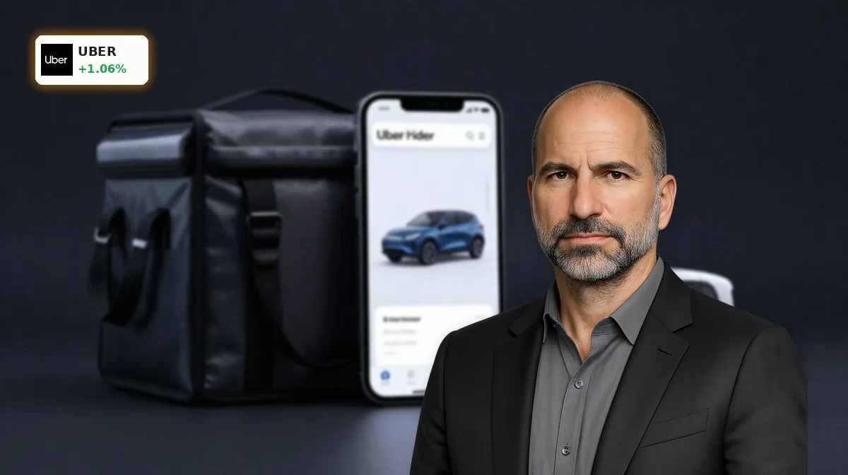 Uber Übernahme: Warnung trotz Kursziel-Rekord und AV-Druck 4 Uber Uebernahme im Fokus: Smartphone mit Ride-Hailing-App, Lieferbag und autonomes Fahrzeug auf dunklem Hintergrund