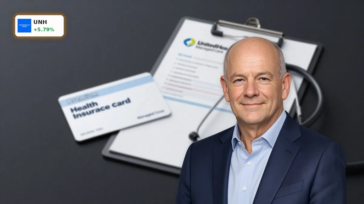 UnitedHealth Upgrade mit Gesundheitskarte, Klemmbrett und Stethoskop als Symbol für Managed Care und Rekord-Rallye