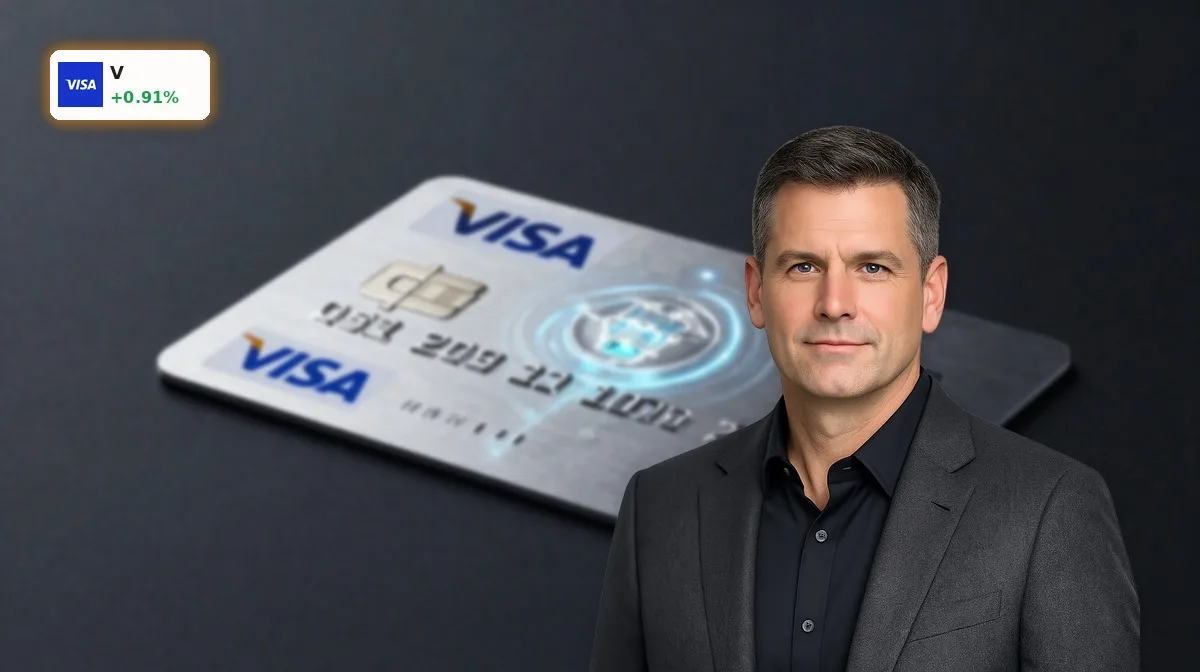 Visa Stablecoin Chance: Brale und Replit treiben die Strategie voran 6 Visa Stablecoin als digitales Settlement-Konzept mit Payment-Karte und Blockchain-Elementen im dunklen Studio