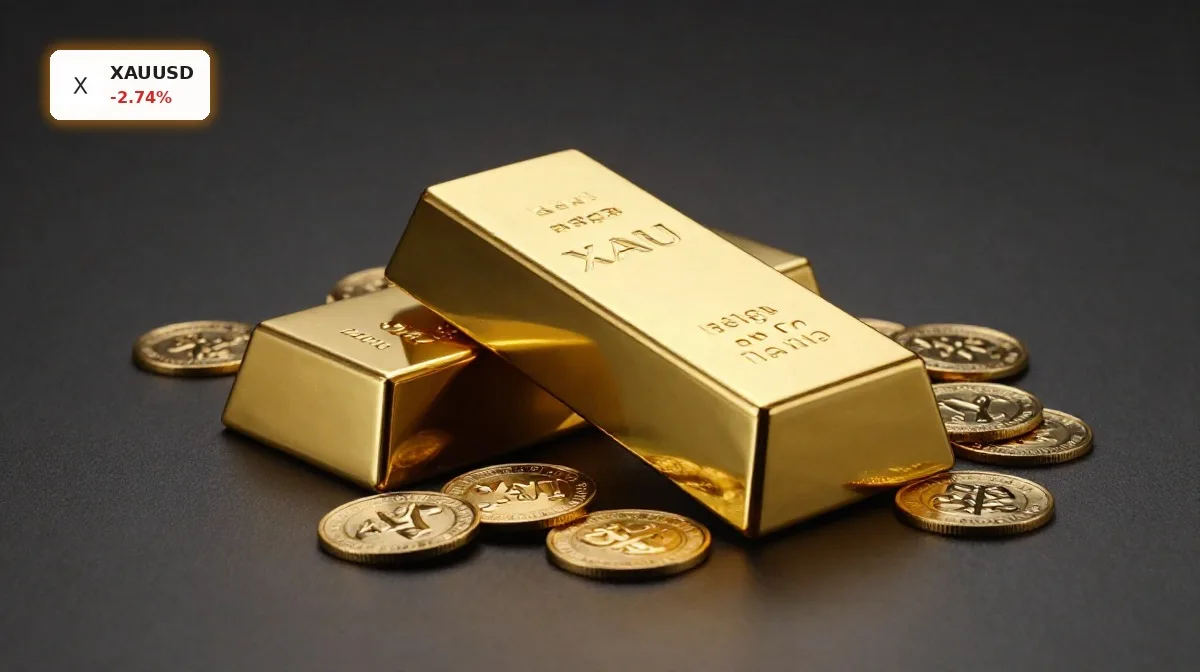 Gold Kurssturz: Schock unter 4.000 Dollar durch Fed-Druck 5 Gold Kurssturz mit Goldbarren und Münzen vor dunklem Hintergrund als Symbol für fallenden XAU-Preis
