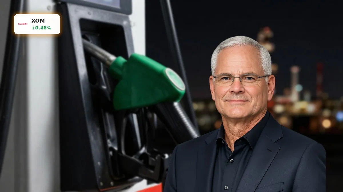 Exxon Mobil Preisermittlung im Fokus mit Zapfpistole und unscharfer Raffinerie als Symbol für Big Oil
