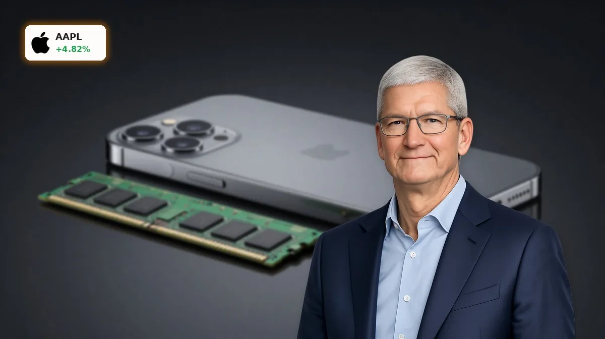Apple Speicherstrategie: 4,8% Rallye trotz DRAM-Schock 5 Apple Speicherstrategie mit iPhone neben DRAM- und NAND-Speicherchips vor dunklem Hintergrund