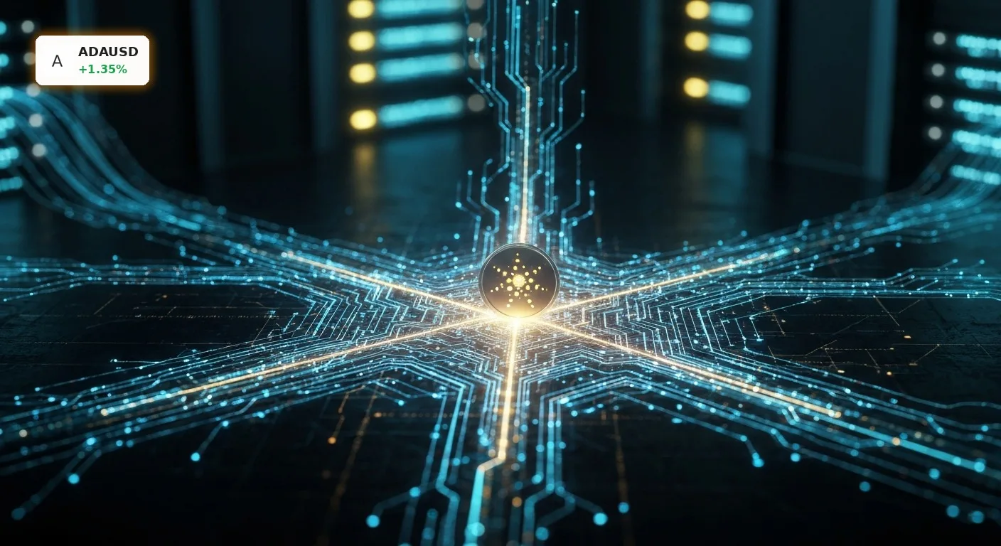 Das Cardano Hard Fork symbolisiert durch ein leuchtendes, sich verzweigendes Blockchain-Netzwerk mit ADA-Logo.
