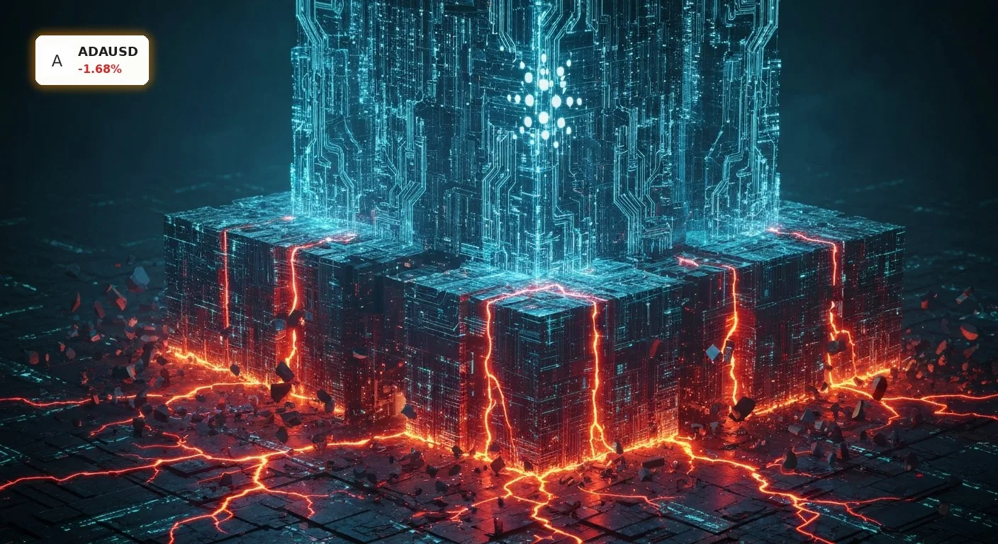 Cardano Upgrades bringen -1,7%: Droht dem Ökosystem der Kollaps? 4 Rissige digitale Blockchain-Struktur symbolisiert die Krise trotz neuer Cardano Upgrades.
