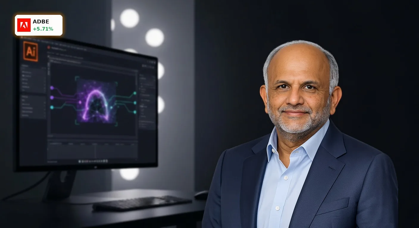 Kreativer Arbeitsplatz mit Monitor, der die professionelle Adobe KI bei der Bildbearbeitung zeigt.