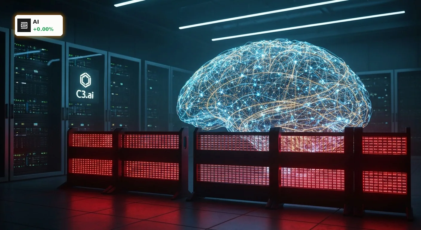 Ein digitaler Serverraum mit roten Warnbarrieren symbolisiert AI Einschränkungen für Technologieunternehmen.