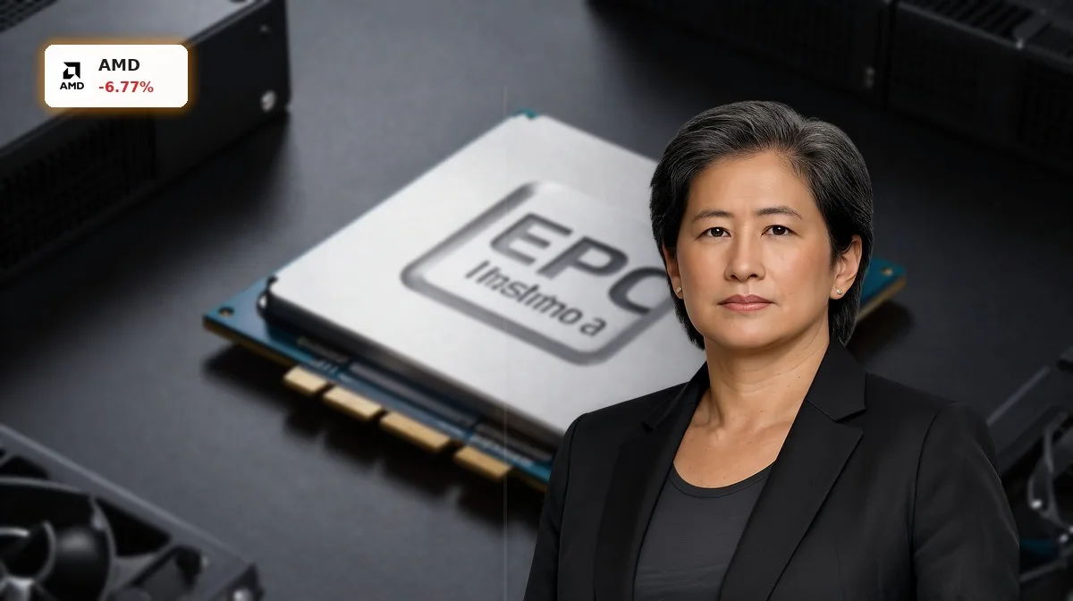 AMD Prognose: 6.8% Einbruch trotz Analysten-Boom 5 AMD Prognose mit AMD KI-GPU und Server-Chip als Symbol für Data-Center-Wachstum und Kurskorrektur