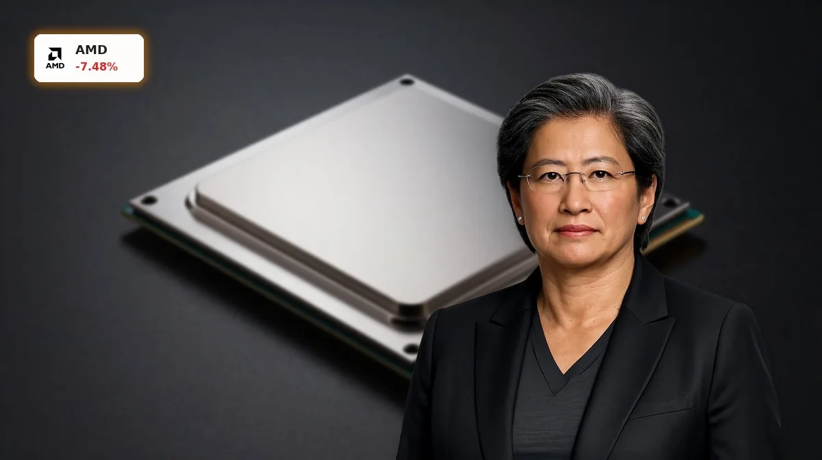 AMD KI-Prognose mit KI-Chip im Produkt-Fokus vor dunklem Hintergrund, Sinnbild für Wachstum und Kurskorrektur