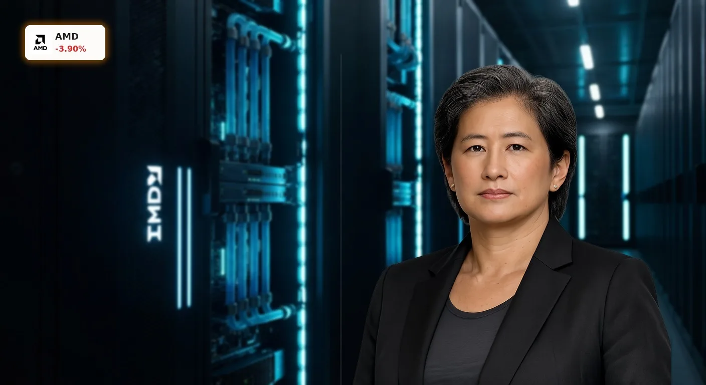 Ein hochmodernes Rechenzentrum mit Server-Racks für die neue AMD Partnerschaft im Bereich KI-Infrastruktur.