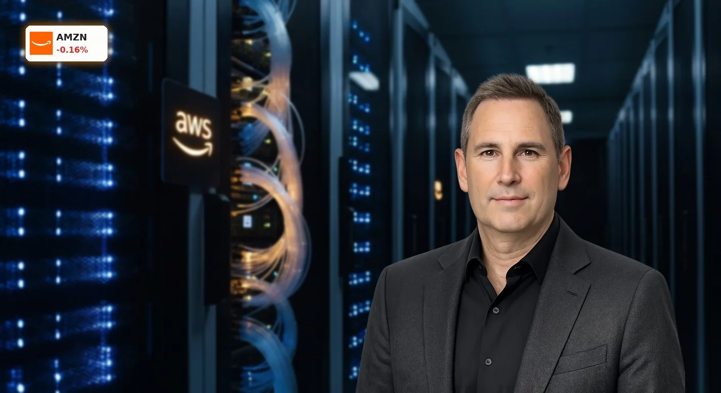 Moderne Server im AWS Rechenzentrum vor den Amazon Quartalszahlen zur Entwicklung von Cloud und KI-Infrastruktur.